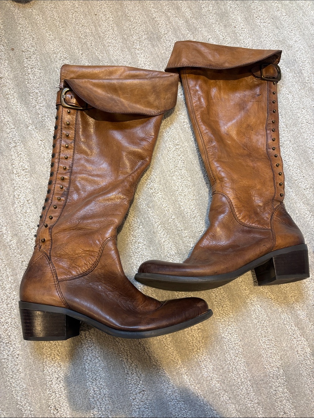 Vince Camuto Fold-Over Tall Leather Boots in Cognac